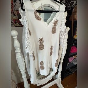 SHEIN White Midi Dress with Brown Pineapple Print and Lace Sleeves